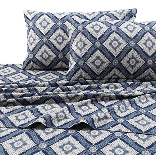 Tribeca Living 100% Cotton Flannel Sheet Set - 200 GSM, Deep Pocket, Ultra Soft & Cozy, Queen, Damask Printed
