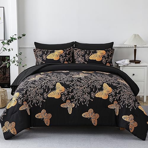 Yogeneg 7 Piece Bed in a Bag Queen Size Comforter Set Black Bedding Set,Gold Butterfly Leaves Printed on Black Reversible Design,Soft Microfiber Comforter with Sheet Set,All Season(Butterfly,Queen)