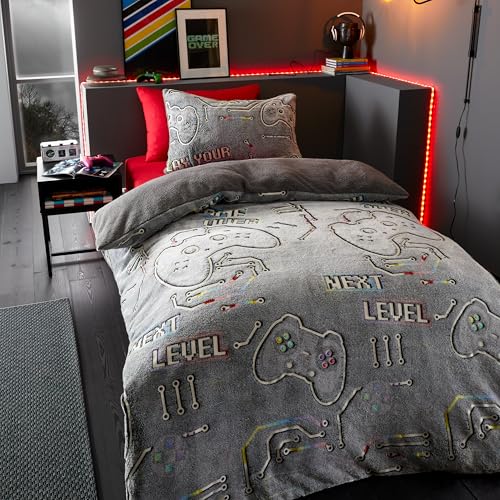 Catherine Lansfield Game Over Glow in the Dark Fleece Double Duvet Cover Set with Pillowcases Black