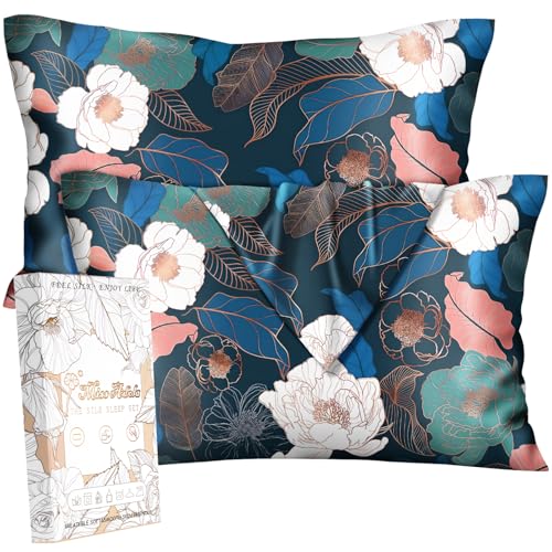 Miss Adola Silk Pillow Cases 2 Pack - Queen Size 20 x 30 Inch Mulberry Silky Pillowcase for Hair and Skin Soft Cute Aesthetic Bed Sleeping Pillow Cover with Zipper for Women, Blue Green Floral