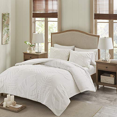 "Madison Park Tufted Chenille 100% Cotton Duvet- Modern Luxe All Season Comforter Cover Bed Set with Matching Shams, Full/Queen(90""x90""), Palm Leaf Off White 3 Piece"
