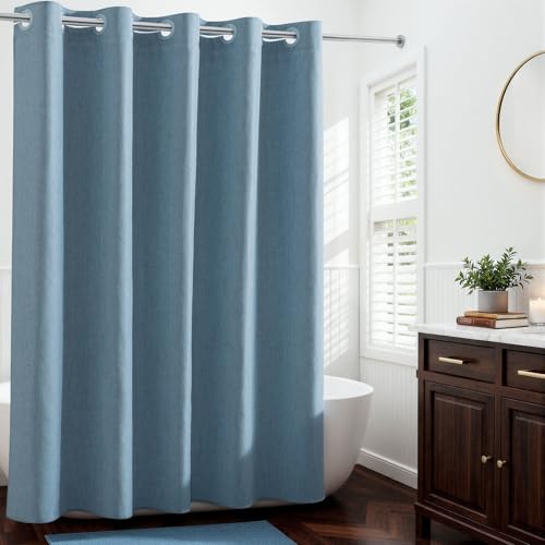 River Dream Linen Textured No Hooks Shower Curtain with Liner,Blue,71x74 - with Snap-in Liner,Heavy Duty Fabric,Quick Dry,Bottom Magnets,Water-Repellent,Washable,Farmhouse Bathroom Set
