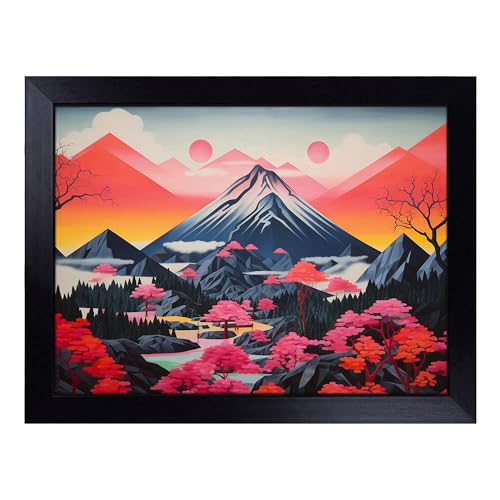 Lap Tray with Bean Bag Cushion, Mountains Geometric - Handmade in the UK, Raised Wooden Edge, Padded Cushion, Heat-Resistant Wipe-Clean Surface, for Meals, Laptops and Crafts