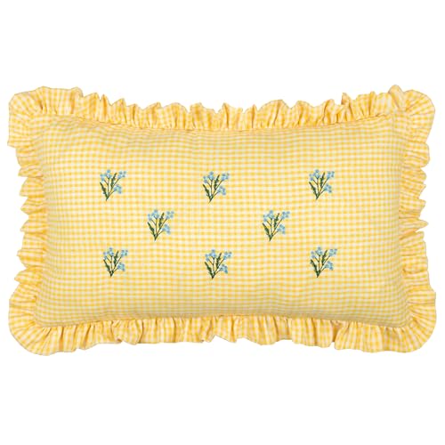 furn. Les Petite Fleurs Cushion Cover – Embroidered Floral Ruffle Trim Gingham Decorative Case (Yellow – 30x50cm)