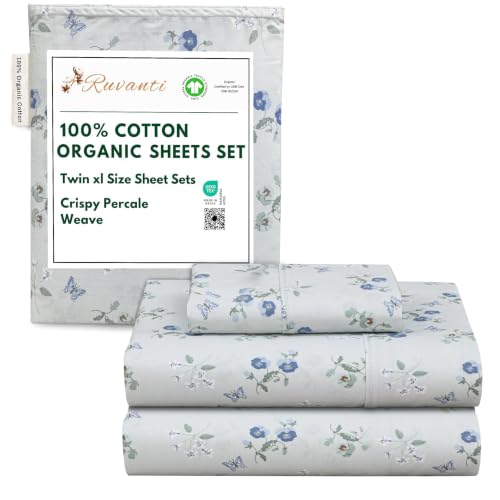 "Ruvanti - 100% Organic Cotton Twin XL Sheets - Percale Weave - GOTS Certified - 3 Piece - 15"" Deep Pocket - Soft, Cool & Durable - Butter Flight"