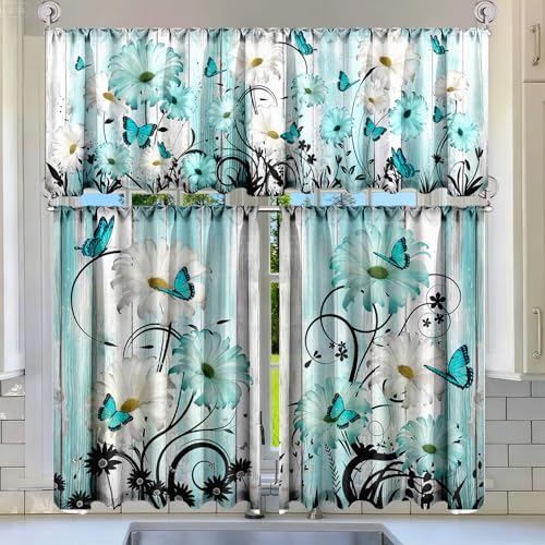 Breling 3 Pcs Spring Kitchen Curtains Valances and Tiers Set for Windows Daisy Garden Flying Butterflies Boots Blue Decor Short Curtain Set for Bedroom Window Treatment Decor Party Favor Supplies