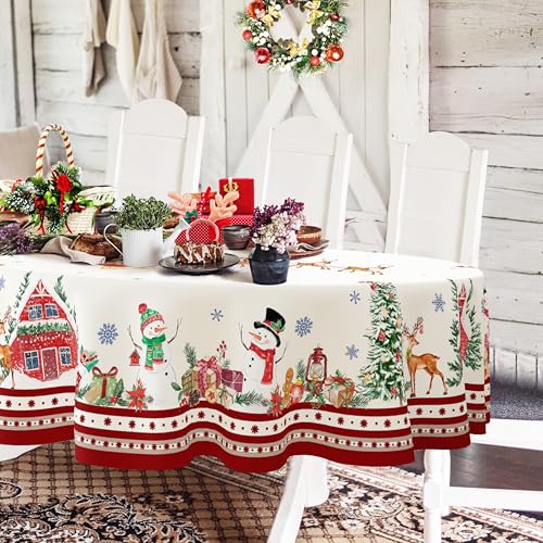Christmas Tablecloth, Oval Santa Claus, Snowman, Snowflake, Gingerbread Man, Waterproof Polyester, Wrinkle Resistant, Durable, Home Decor for Parties, 54 x 72 Inches