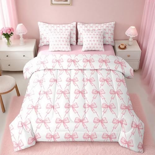 Feelyou Bow 7 Pieces Comforter Sets Boys Girls Twin Size Pink Girls Bow Bedding Set for All Season for Kids Women Men Cute Bowknot Bed in a Bag with Comforter, Sheets, Pillowcases & Cushion Cover