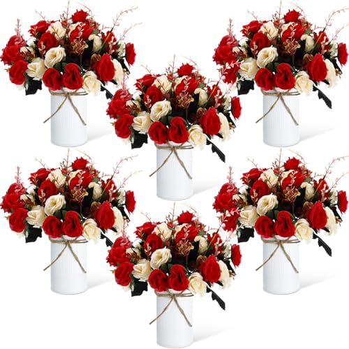Domensi 6 Sets Wedding Centerpiece for Table Artificial Rose with Vase Fake Bouquets and Metal Pot Flower Arrangements for Bridal Shower Birthday Party Event Table Decor (Red)
