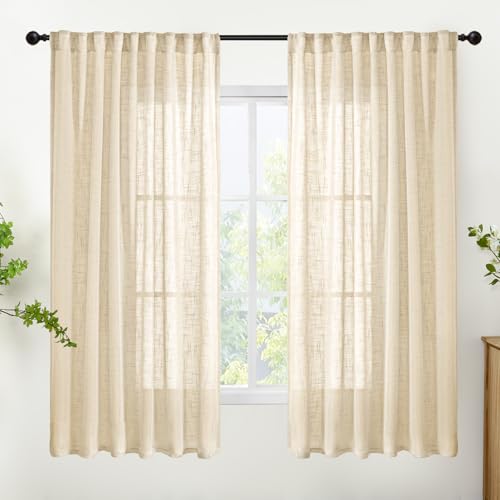 YoungsTex Natural Linen Semi Sheer Curtains 63 Inch Length, Light Filtering Drapes Textured with Rod Pocket Back Tab for Bedroom Living Room Window Lightweight, 2 Panels, 52 X 63 Inch