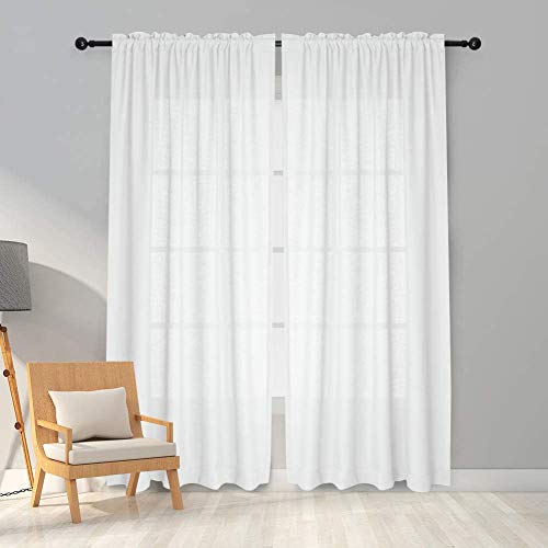 Melodieux 2 Panel Faux Linen Voile Net Curtains Semi Sheer Rod Pocket Drapes for Bedroom, Living Room, Window - White, 55 x 69 inch drop (140 x 175cm)