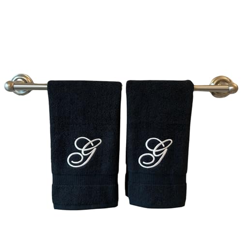 Decorvo Black Monogrammed Hand Towels for Bathroom - Luxury Hotel Quality Personalized Initial Embroidered Towel for Powder Room, Spa - GOTS Organic Certified - Set of 2 White Letter G