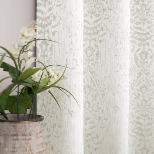 Mrs.Naturall Cream Damask Moroccan Pattern 3D Jacquard Embossed Embroidered Curtains 96 Inch Length for Living Room Bedroom 2 Panels Set Off White