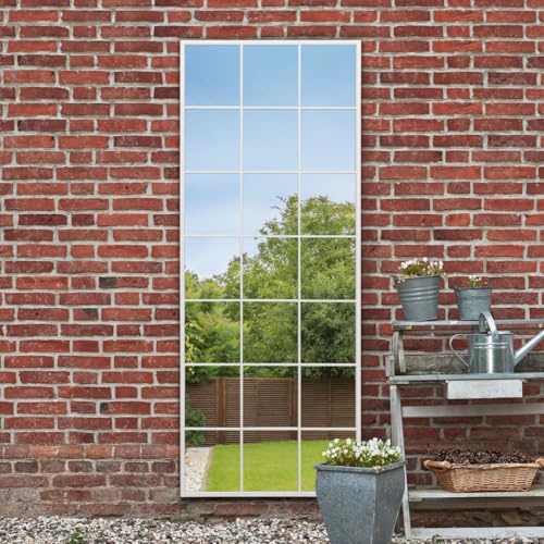 "MirrorOutlet The Genestra - White Modern Window Full Length Garden Wall Mirror 79"" X 31"" (200CM X 80CM) Silver Mirror Glass with Black Metal Frame."