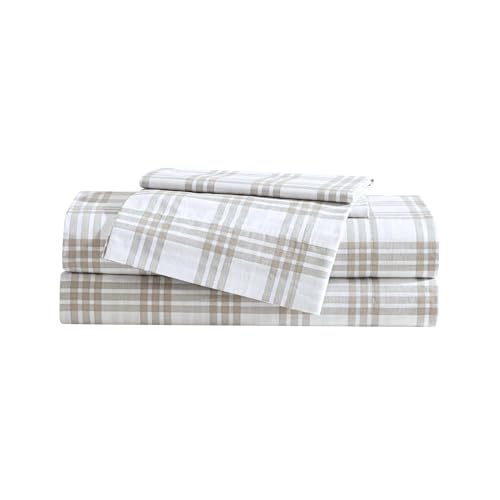 Eddie Bauer - Queen Sheet Set, Cotton Percale Bedding Set, Super Soft and Cozy Home Decor, Oeko-Tex Certified (Basic Plaid Beige, Queen)