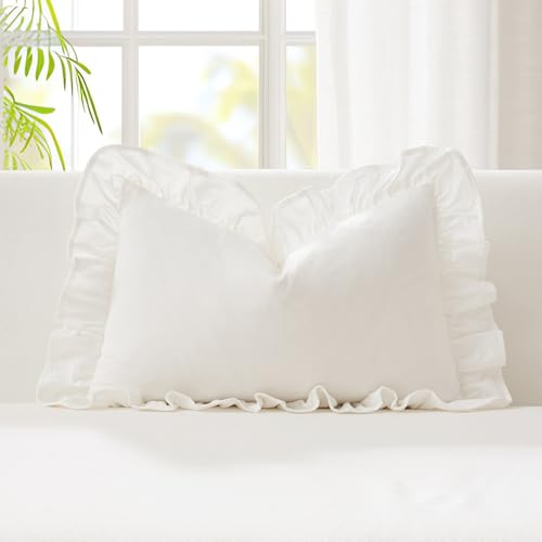 Kevin Textile 12x24 Inch Long Lumbar Pillow Cover 1 Pack 100% Cotton Lace Ruffles Scalloped Decorative Rectangle Cushion Case Soft Pillow for Bedding Couch Sofa, Pure White