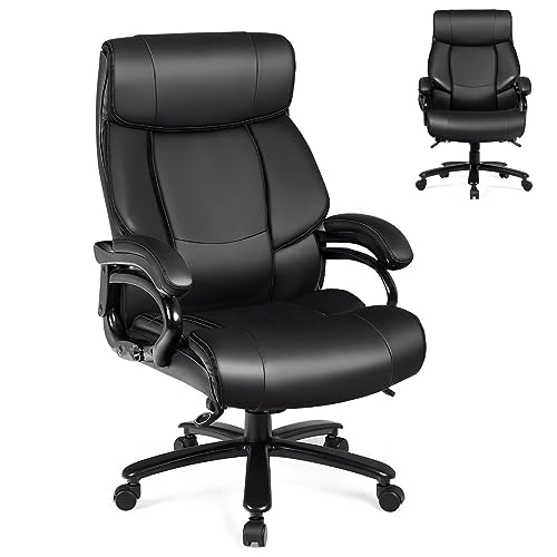 CASART PU Leather Office Chair, 300/400/500LBS Big and Tall Executive Chair with Rocking Backrest&Armrest, Heavy Duty Metal Base, Height Adjustable Computer Desk Chair for Home (Black, 400LBS 123cm)