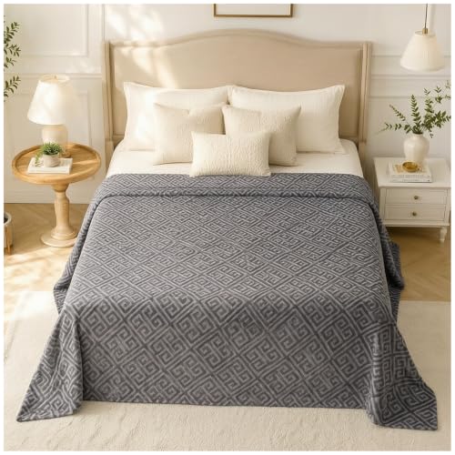 GC GAVENO CAVAILIA Fleece Throw Blanket Thick Soft Faux Fur Throw, Grey - Thick Warm Lightweight Smooth Greek Border Fluffy Blanket - Polyester Bed Throw King Size For Sofa Couch Armchairs, 200x240cm