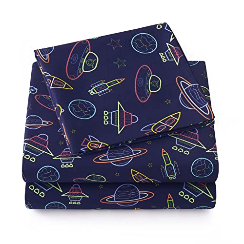 1500 Supreme Kids Bed Sheet Collection - Fun Colorful and Comfortable Boys and Girls Toddler Sheet Sets - Deep Pocket Wrinkle Free Soft and Cozy Bedding - Twin XL, Neon Spaceships