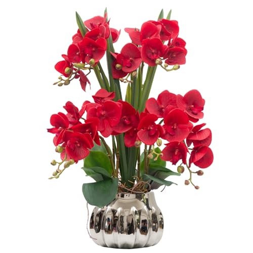 CXGS Artificial Orchid Flower Real Touch Faux Orchids in Ceramic Vase Large 22.9'' Fake Flowers Red Phalaenopsis Floral for Home Indoor Decor