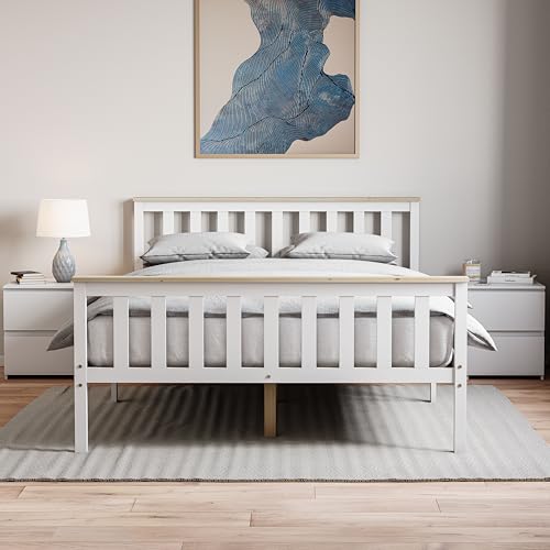 Vida Designs Milan Double High Foot End Bed Frame - White & Pine - 4ft6 - Solid Pine Wood - Under-Bed Storage Space - Easy Assembly - Rustic Design - Bedroom Furniture