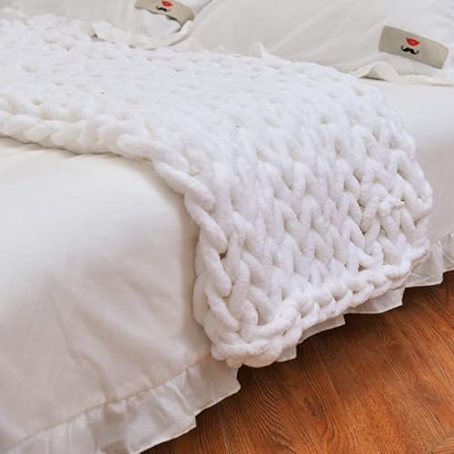 "Chunky Knit Blanket Throw 48""*71"", Hand Knitted Warm Chenille Throw Blanket, Home Decor Soft Thick Yarn Cable Knit Blanket,Soft Breathable Fleece Banket Christmas for Couch Bed Sofa Best Gift (White)"