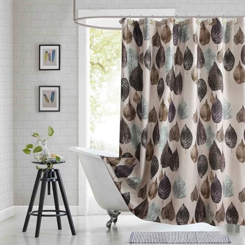 BESTRIPES Extra Long Beige Shower Curtain 72x90 Inches, Waterproof Linen-Tone Fabric with Realistic Brown & Green Leaf Print, 12 Metal Grommets & Weighted Hem