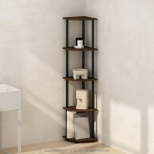 Furinno TURN-N-TUBE Corner Shelf, 5-Tier Corner Display Rack, Shelving Unit, for Organization and Storage, Living Room, Home Office, Garage, Bedroom, Columbia Walnut