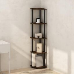 Furinno TURN-N-TUBE Corner Shelf, 5-Tier Corner Display Rack, Shelving Unit, for Organization and Storage, Living Room, Home Office, Garage, Bedroom, Columbia Walnut