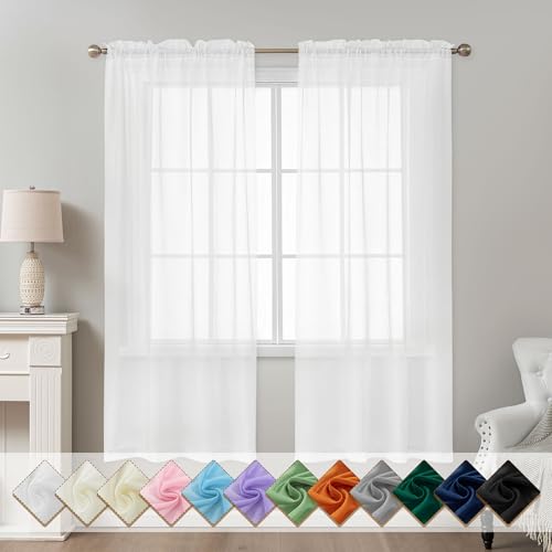 "ABLUEN White Sheer Curtains 72 Inches Long, Privacy Semi Sheer Curtains for Living Room Bedroom, Light Filtering Rod Pocket Voile Window Drapes 2 Panels Set, Each 42"" W x 72"" L"