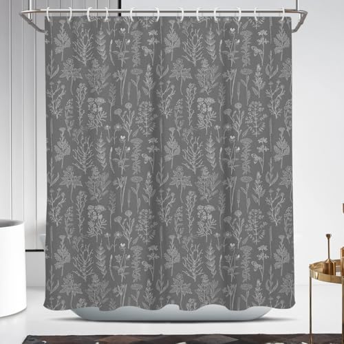 Coxila Vintage Floral Shower Curtain Botanical Flower Black Gray Grey White Ivory Boho Rustic Wildflower Neutral Cute Retro Nature Plant Bathroom 60 x 72 Inch Polyester Fabric 12 Pack Hooks