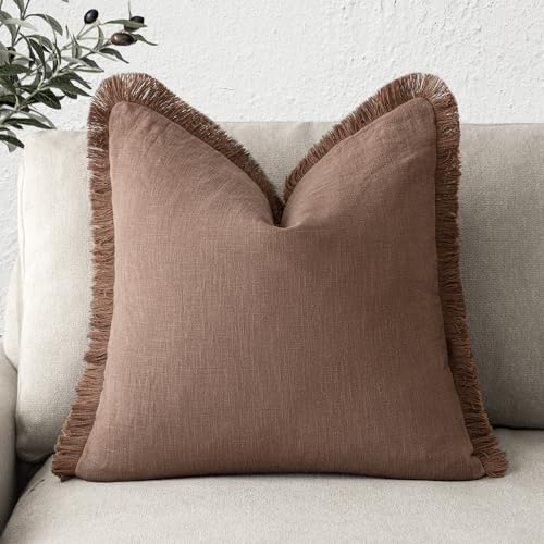 Foindtower Decorative Linen Fringe Throw Pillow Covers Cozy Boho Farmhouse Cushion Cover with Tassels Soft Accent Pillowcase for Chair Sofa Bed Living Room Home Decor, 24??24 Inch, 1PC, Rust