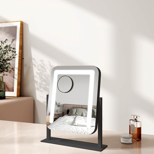EMKE Hollywood Makeup Mirror with Lights, 30 x 36 cm Small Lighted Vanity Mirror with 360°Rotation 3 Color Lighting Modes, 7X Magnifying Hollywood Mirror with Dimmable Strip Light, Black