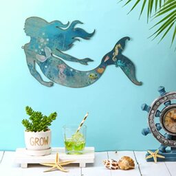 Metal Mermaid Wall Art Rustic Hanging Mermaid Wall Decor Blue Metal Mermaid Decorations Stainless Steel Mermaid Sculpture for Room Wall Patio Swimming Pool Bathroom, 15 x 8.5 Inches (Classic Style)