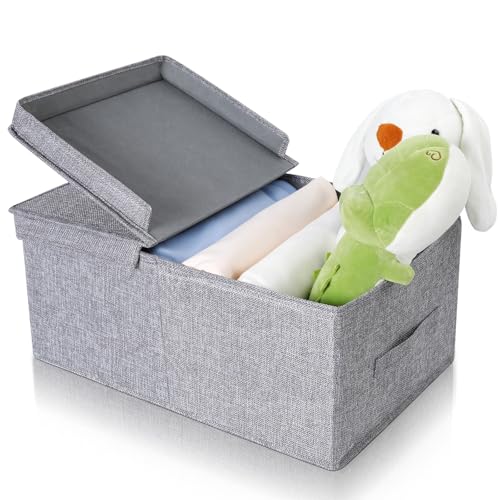 Cozary Storage Box with Lid - Wardrobe Boxes - Foldable Design, 29L Capacity, Linen Fabric, Foldable and Stackable, Ideal for Clothes and Accessories - Grey - 48 x 29 x 21 cm