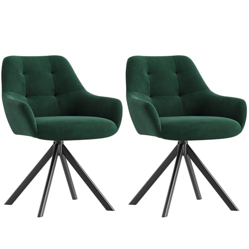 Swivel Dining Chairs Set of 2, 360° Velvet Dining Room Chairs with Arms, Upholstered Kitchen Chairs with Metal Legs, Modern Accent Chairs for Dining Room, Living Room, Bedroom, Home Office, Green