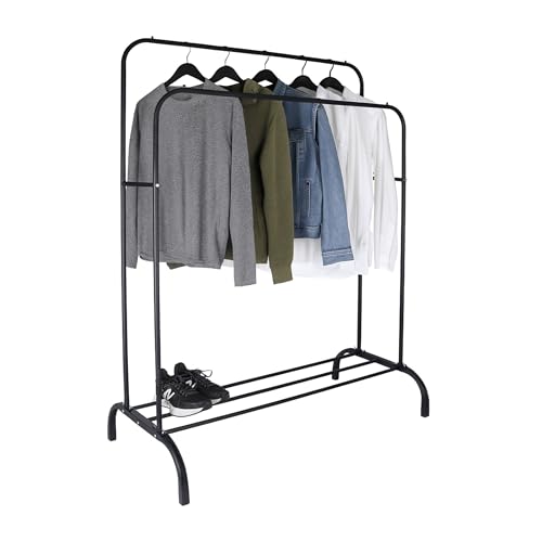 Relaxdays clothing rack, HxWxD: 148 x 110 x 55 cm, with shelf & 2 rods, metal, double wardrobe, black