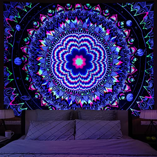 Amonercvita Blacklight Mandala Tapestry Trippy Galaxy Stars Wall Hanging Hippie Black Light Poster for Living Room