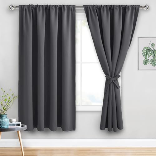 JIUZHEN Blackout Curtains for Bedroom - 70 x 63 Inch Extra Wide Privacy Assured Thermal Insulated Room Darkening Sliding Door Curtains for Living Room, Set of 2 Panels with Tiebacks, Dark Grey