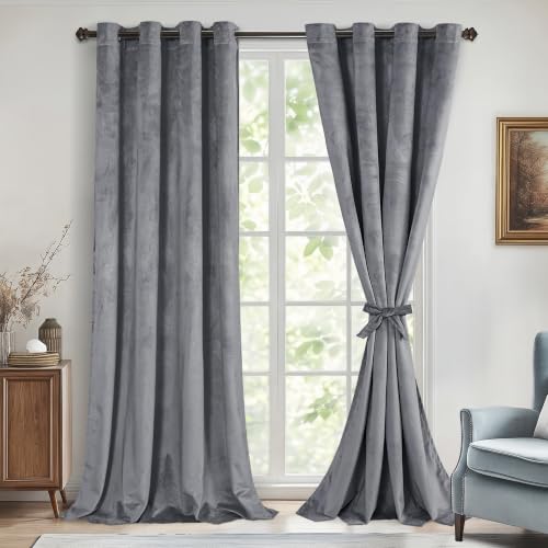 DWCN Extra Long Grey Velvet Curtains - 120 inches Long Thermal Insulated Sunlight Blocking Curtains for Living Room Noise Reducing Window Shade Panels for Interior Space Decor, W52 x L120, 2 Panels