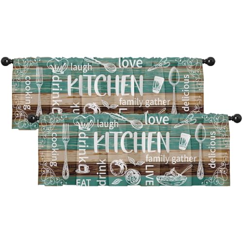 Emvency 2 Pack Valances Window Treatments, Teal and Brown Farmhouse Kitchen Cooking Blackout Adjustable for Living Room Bathroom Bedroom Kitchen Over Sink, 18x52 Inch Rod Pocket Valances