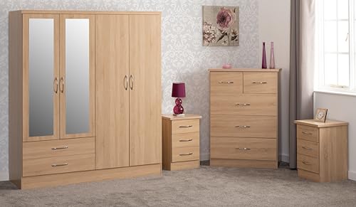 Seconique Nevada 4 Door 2 Drawer Mirrored Wardrobe Bedroom Set in Sonoma Oak Effect