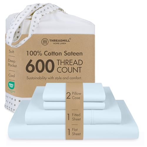 Threadmill Home Linen Full-Size Sheets - 100% Pure Cotton 600 Thread Count, 4 Piece Sateen Weave Blue Sheet Set, Cooling ELS Combed Cotton, Solid Sheets with Elasticized Deep Pocket