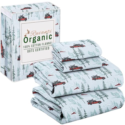 RUVANTI Flannel Sheets Queen Size - GOTS Certified 100% Organic Cotton, 4 Piece Warm, Soft & Breathable Set, Deep Pocket Snug Fit, Double Brushed Cozy All Season Bedding, Merry Miles