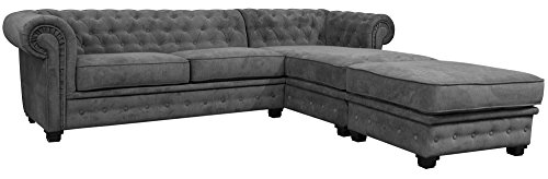 Sofas and More Chesterfield Style Corner Sofa Set 3+2 Seater Armchair Grey Fabric (Right Hand Corner With Footstool)