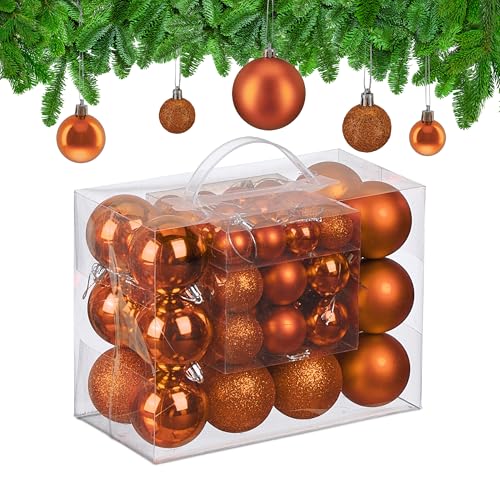 Relaxdays Christmas Baubles, Set of 50, Tree Ornaments, Holiday Decorations, Plastic, Glittery, Matte & Shiny, Orange, 3 Sizes