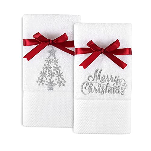 Quera Christmas Tree 2 Packs Embroidered Hand Towels(14'' x 30'') Premium Luxury Ultra Soft 100% Cotton Bathroom Decorative, Set, White Silver Merry Chritmas.