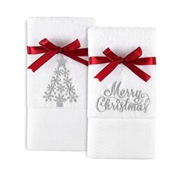 Quera Christmas Tree 2 Packs Embroidered Hand Towels(14'' x 30'') Premium Luxury Ultra Soft 100% Cotton Bathroom Decorative, Set, White Silver Merry Chritmas.