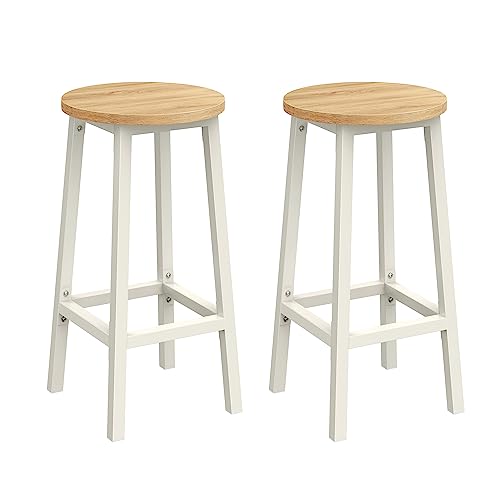 VASAGLE Set of 2 Bar Stools Kitchen Chairs Metal Frame Easy Assembly Height 65cm with Footrest for Kitchen, Living Room, Dining Room, Beige Oak and White LBC032W09