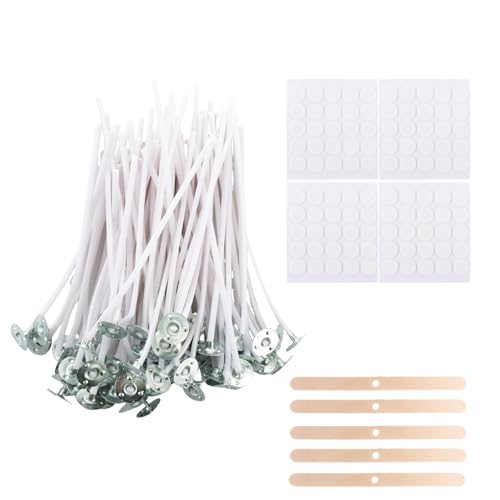 ASelected 200Pcs Candle Wicks for Making Candles, 10cm Candle Wick Set, 5pcs Wick Holders & Glue Dots for Candle Making, DIY Candle Crafts